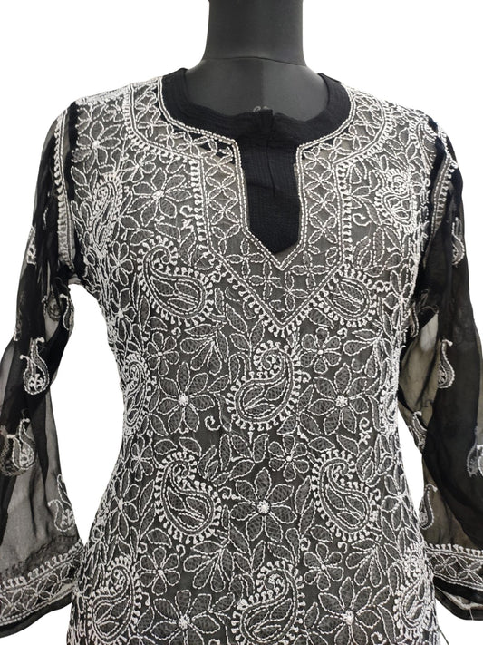 Shyamal Chikan Hand Embroidered Black Georgette Lucknowi Chikankari Short Top - S15581