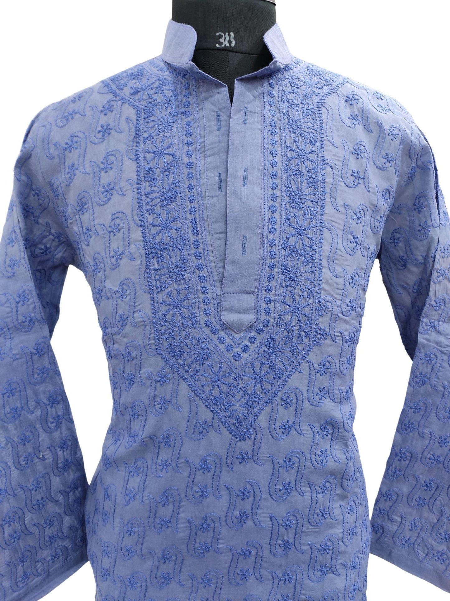 Shyamal Chikan Hand Embroidered Blue Cotton Lucknowi Chikankari All-Over Men's Kurta – S17290