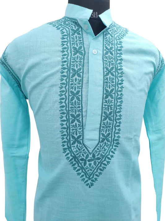 Shyamal Chikan Hand Embroidered Blue Cotton Lucknowi Chikankari Men's Kurta – S12970
