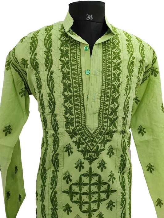 Shyamal Chikan Hand Embroidered Green Cotton Lucknowi Chikankari Men's Kurta With Daraz Work – S15127