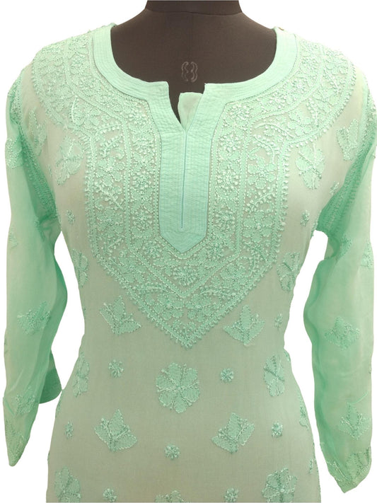 Shyamal Chikan Hand Embroidered Sea Green Viscose Georette Lucknowi Chikankari Kurti- S7185