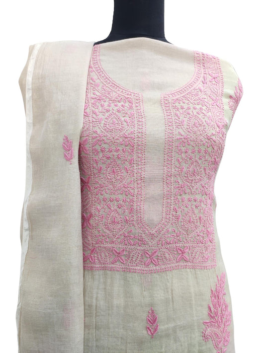Shyamal Chikan Hand Embroidered Natural Fawn Tissue Chanderi Lucknowi Chikankari Unstitched Suit Piece ( Kurta Dupatta Set ) - S16186