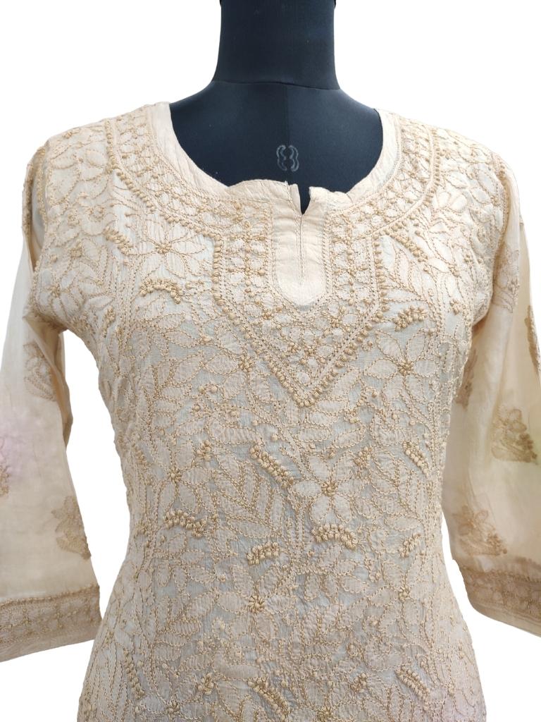 Shyamal Chikan Hand Embroidered Beige Pure Tusser Silk Lucknowi Chikankari Short Top - S15227