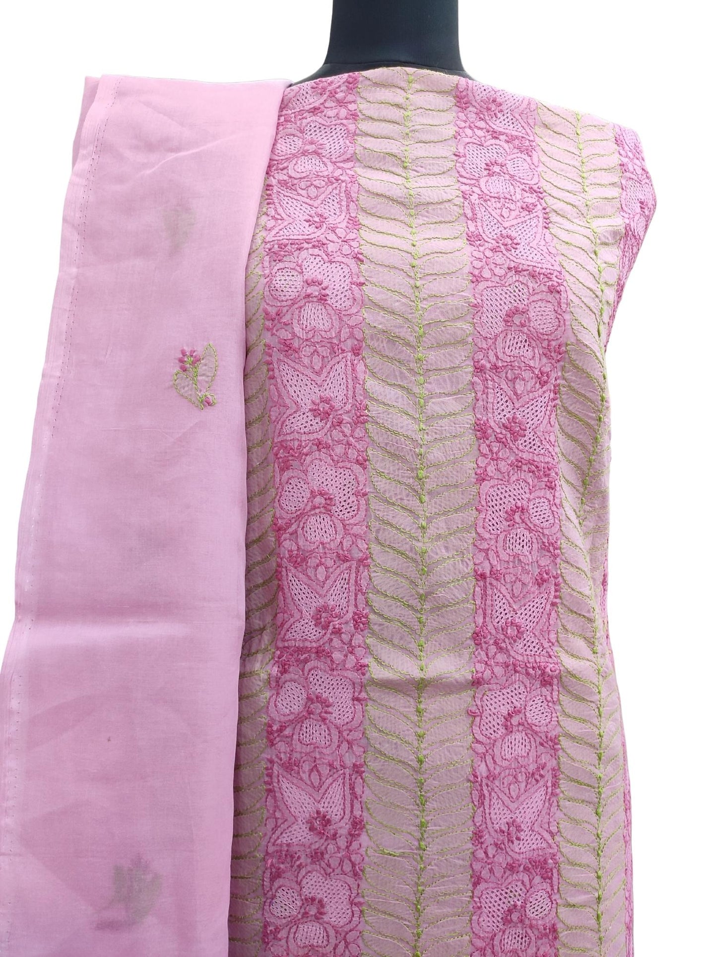 Shyamal Chikan Hand Embroidered Pink Cotton Lucknowi Chikankari Unstitched Suit Piece With Jaali Work - S13261