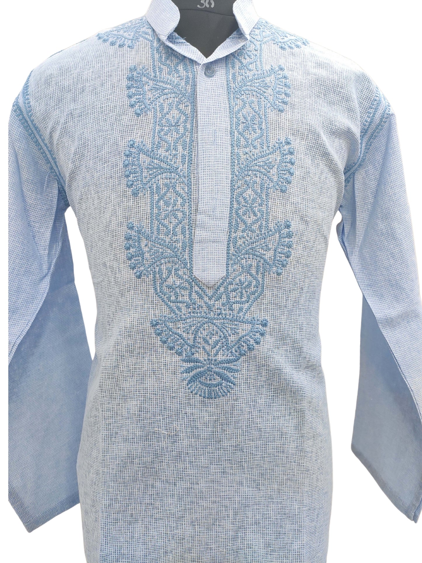 Shyamal Chikan Hand Embroidered Blue Cotton Lucknowi Chikankari Men's Kurta – S11813