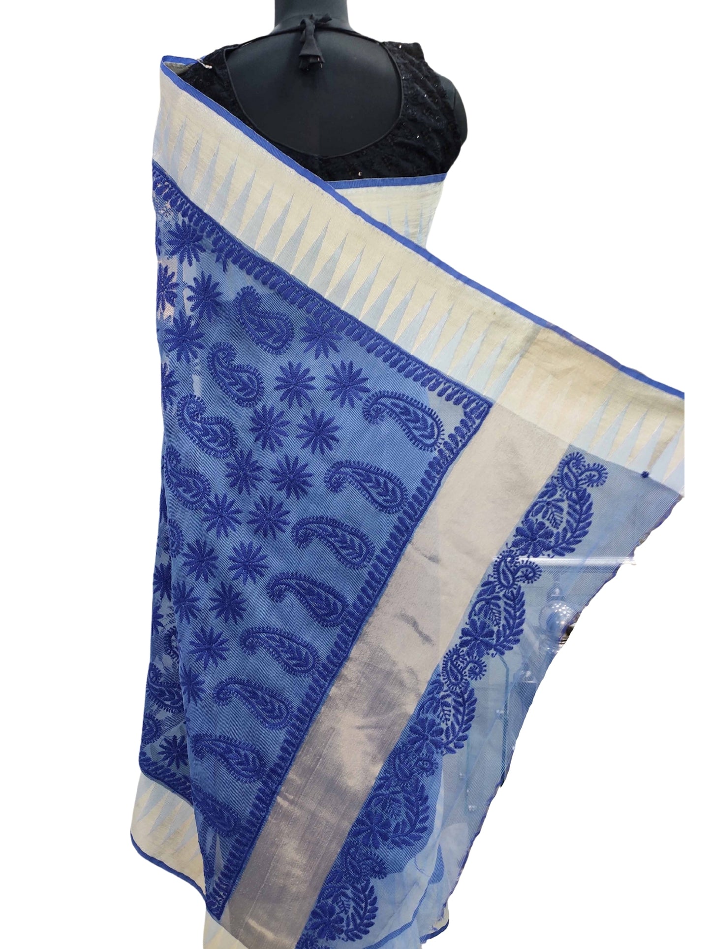 Shyamal Chikan Hand Embroidered Blue Chanderi Lucknowi Chikankari Saree With Blouse Piece - S4053