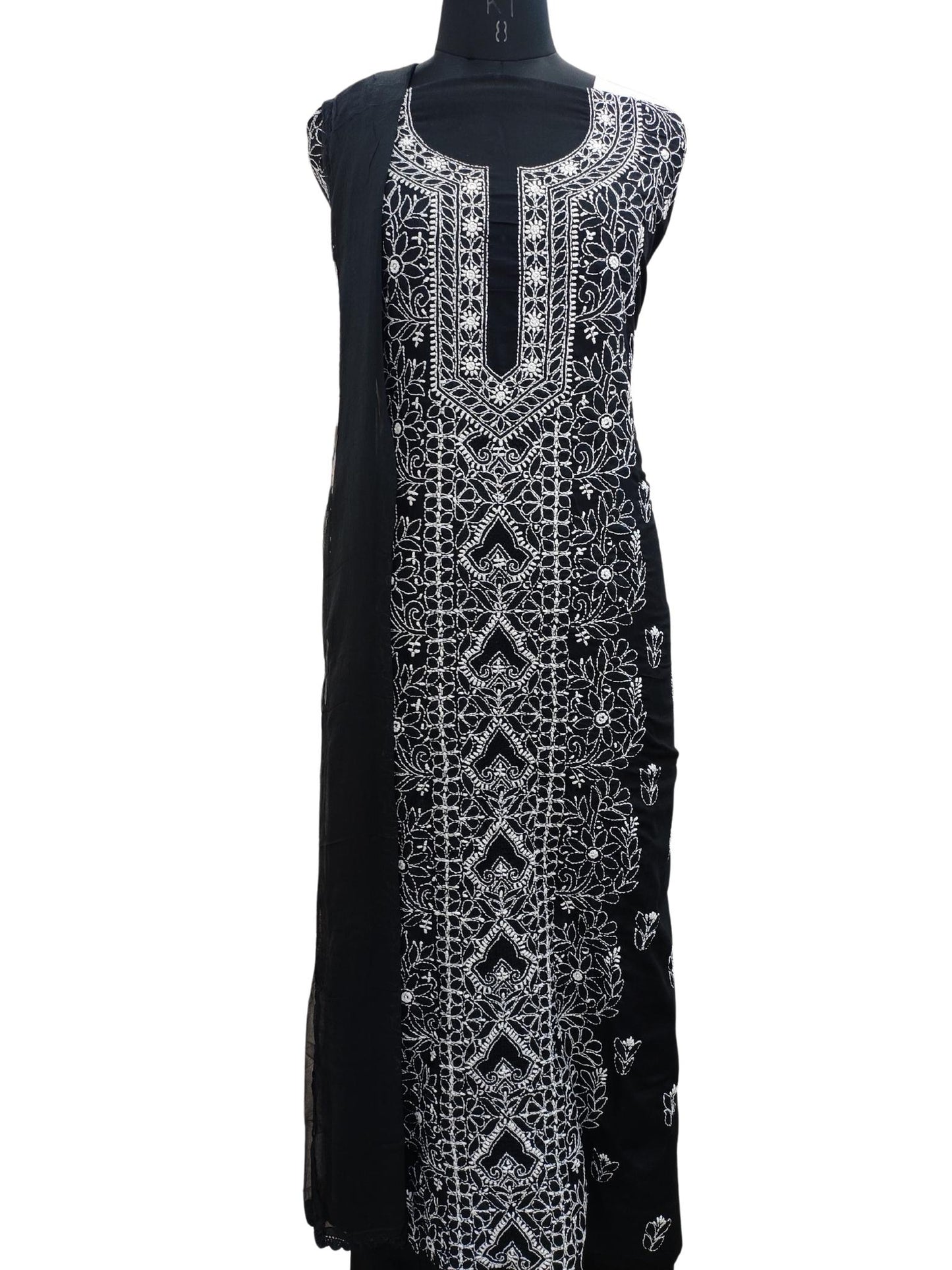 Shyamal Chikan Hand Embroidered Black Cotton Lucknowi Chikankari Unstitched Suit Piece with Jaali work- S18215