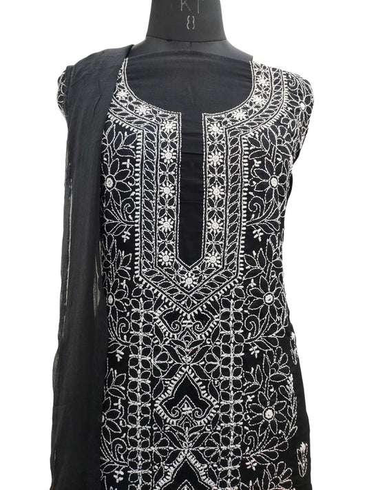 Shyamal Chikan Hand Embroidered Black Cotton Lucknowi Chikankari Unstitched Suit Piece with Jaali work- S18215