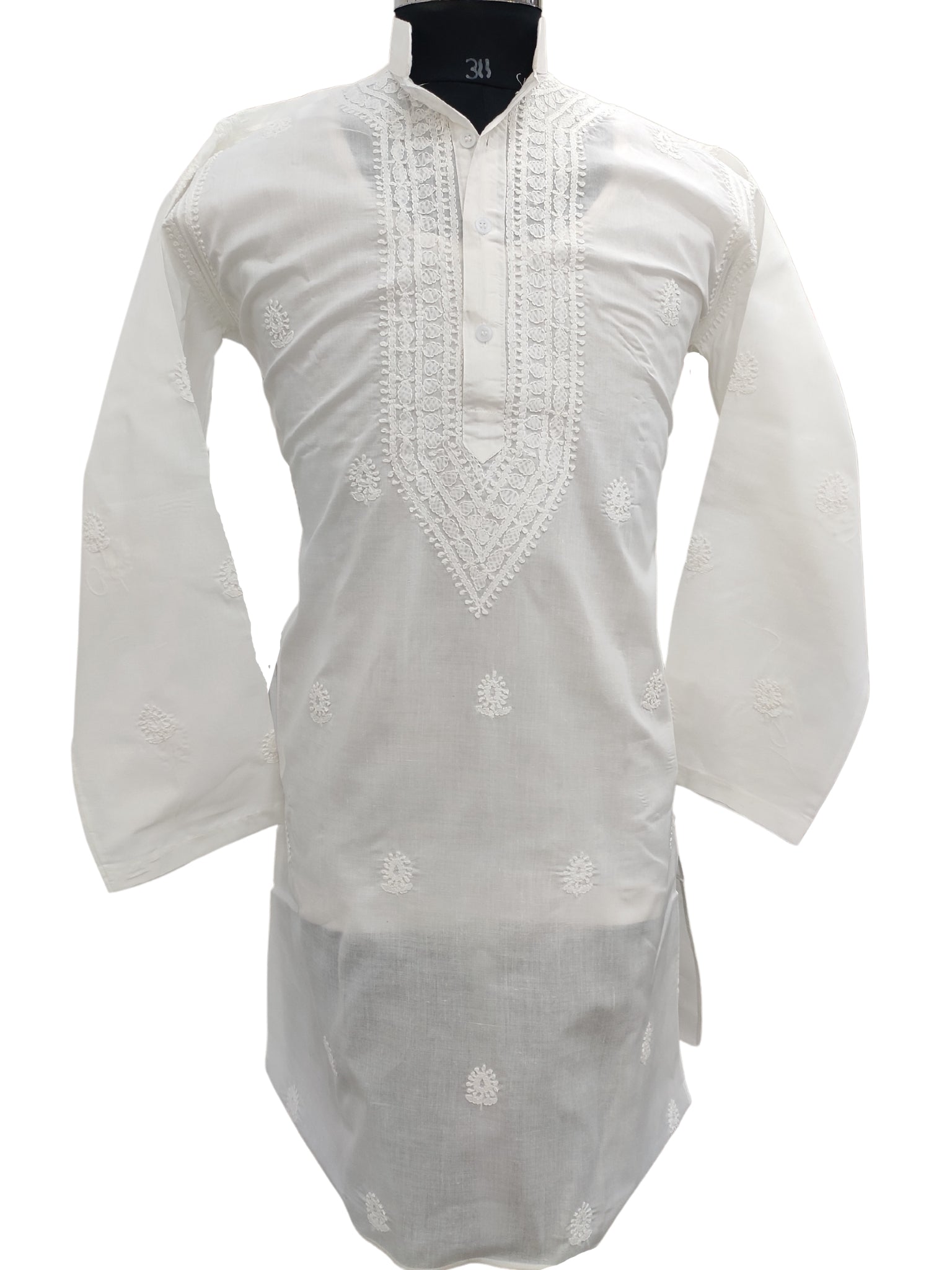 Shyamal Chikan Hand Embroidered White Cotton Lucknowi Chikankari Men's Kurta – S17750