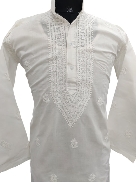 Shyamal Chikan Hand Embroidered White Cotton Lucknowi Chikankari Men's Kurta– S17750