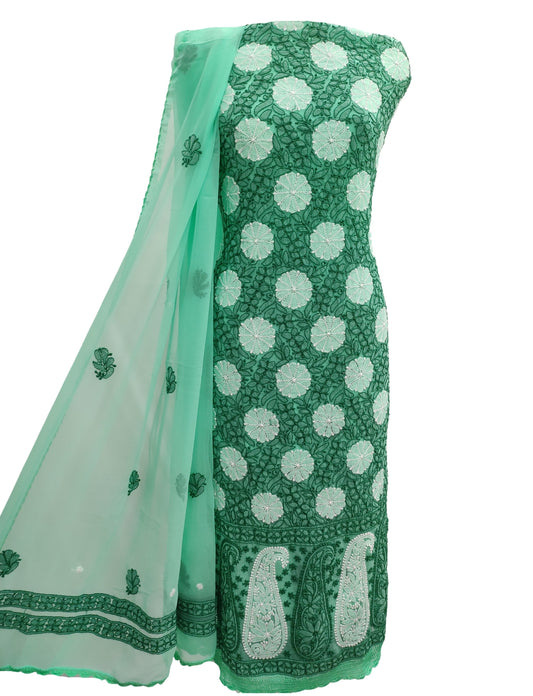 Shyamal Chikan Hand Embroidered Green Georgette Lucknowi Chikankari Unstitched Suit Piece With Crosia Work - S10478 - Shyamal Chikan