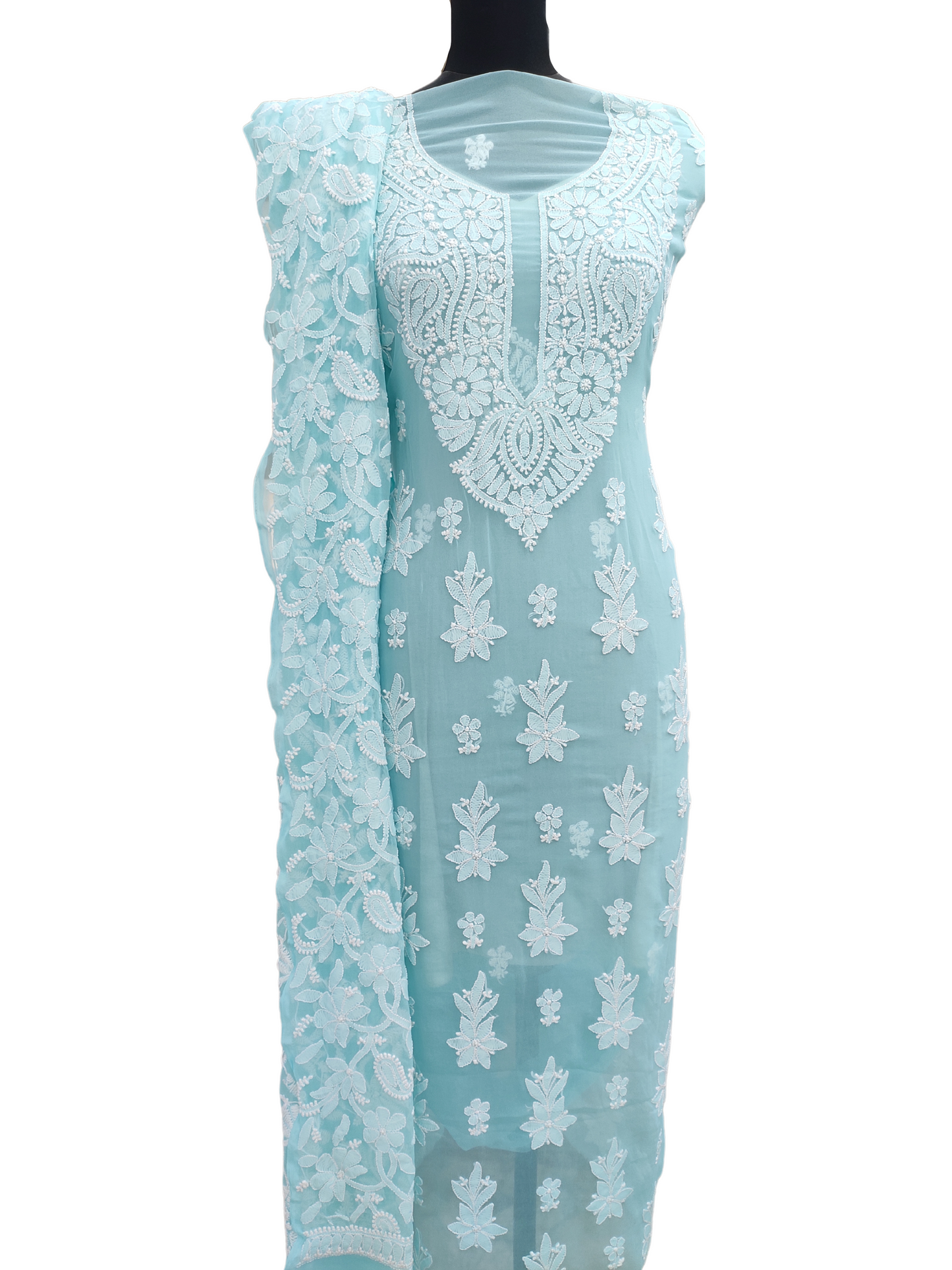 Shyamal Chikan Hand Embroidered Light Blue High Quality Georgette Lucknowi Chikankari Unstitched Suit Piece With Full Jaal Dupatta - S12588 - Shyamal Chikan