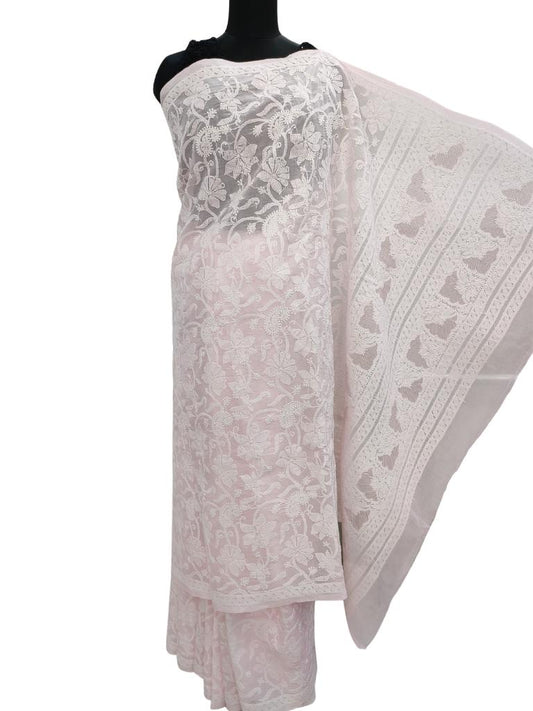 Shyamal Chikan Hand Embroidered Baby Pink Cotton Lucknowi Chikankari Full Jaal Saree With Blouse Piece- S14472