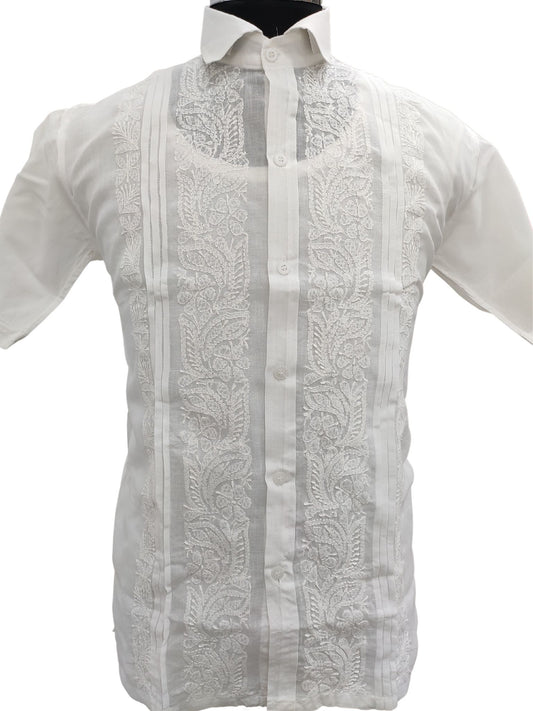 Shyamal Chikan Hand Embroidered White Cotton Lucknowi Chikankari Men's Shirt With Pintex Work – S15469