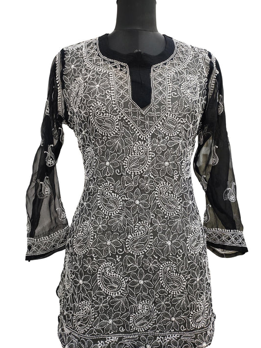 Shyamal Chikan Hand Embroidered Black Georgette Lucknowi Chikankari Short Top - S15581 