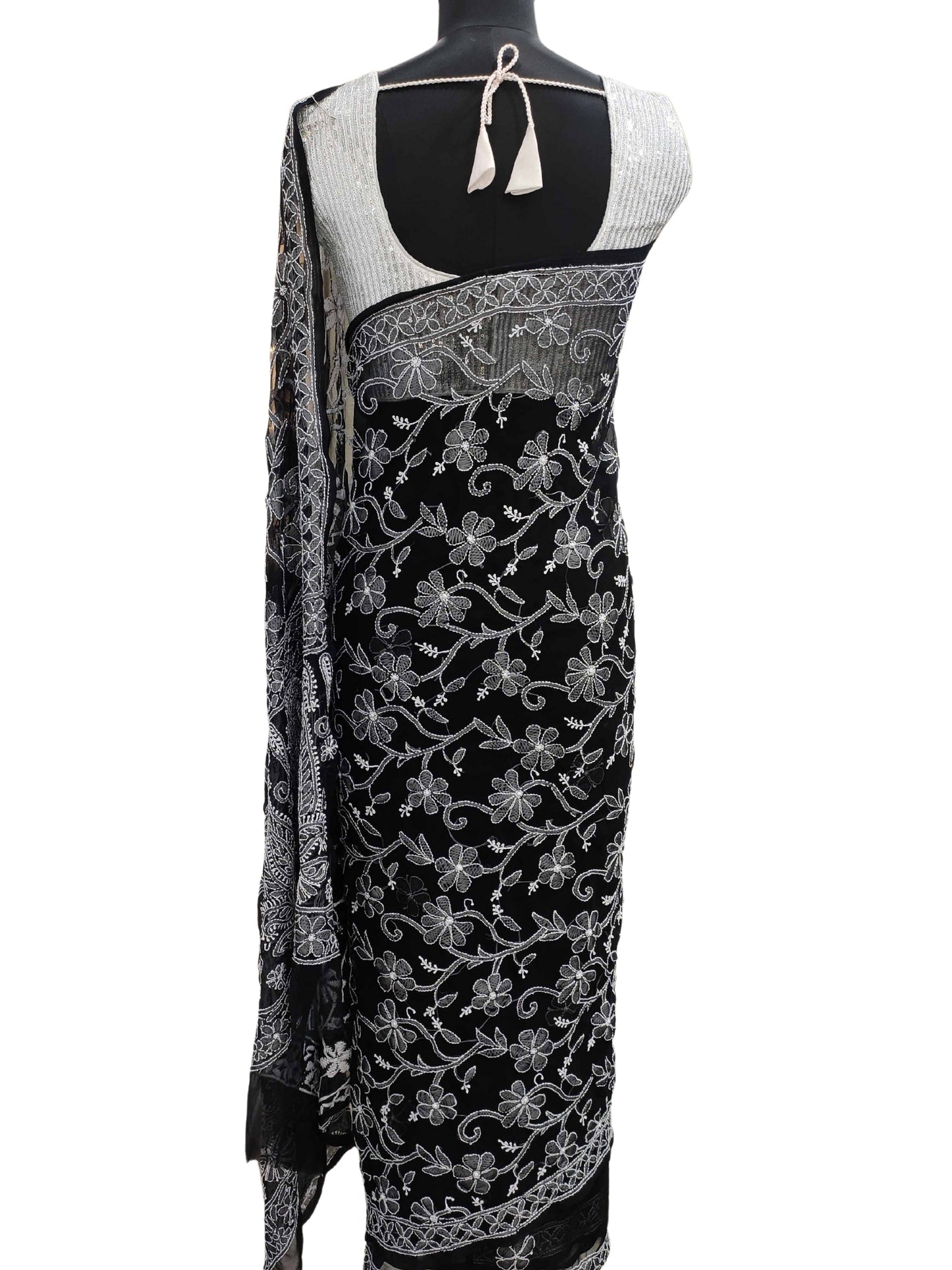 Shyamal Chikan Hand Embroidered Black Georgette Lucknowi Chikankari Shoulder Jaal Saree With Blouse Piece - S11684