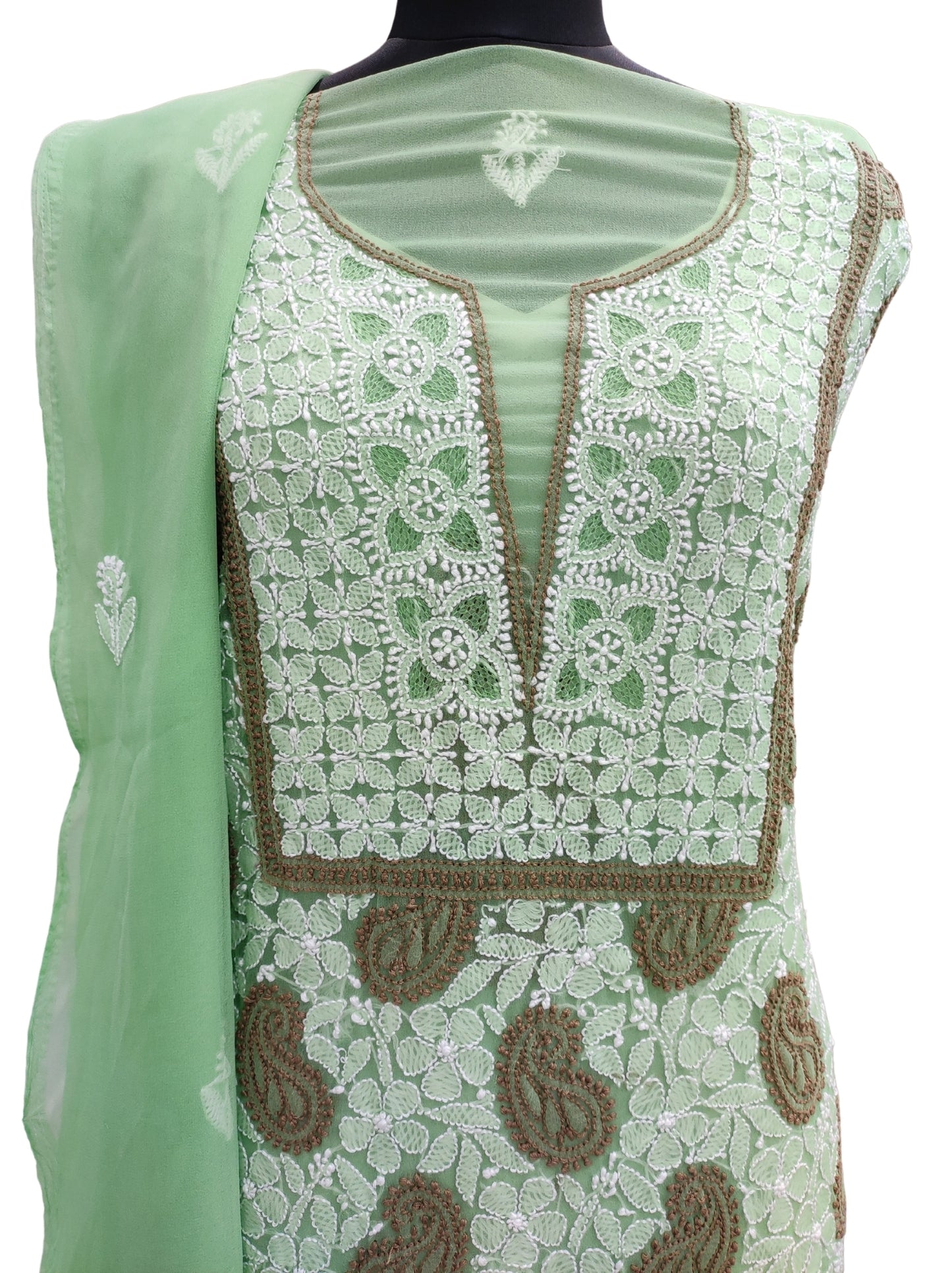 Shyamal Chikan Hand Embroidered Green Georgette Lucknowi Chikankari Unstitched Suit Piece - S10261