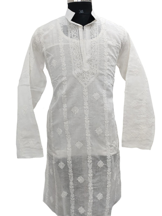 Shyamal Chikan Hand Embroidered White Cotton Lucknowi Chikankari Men's Kurta – S16834