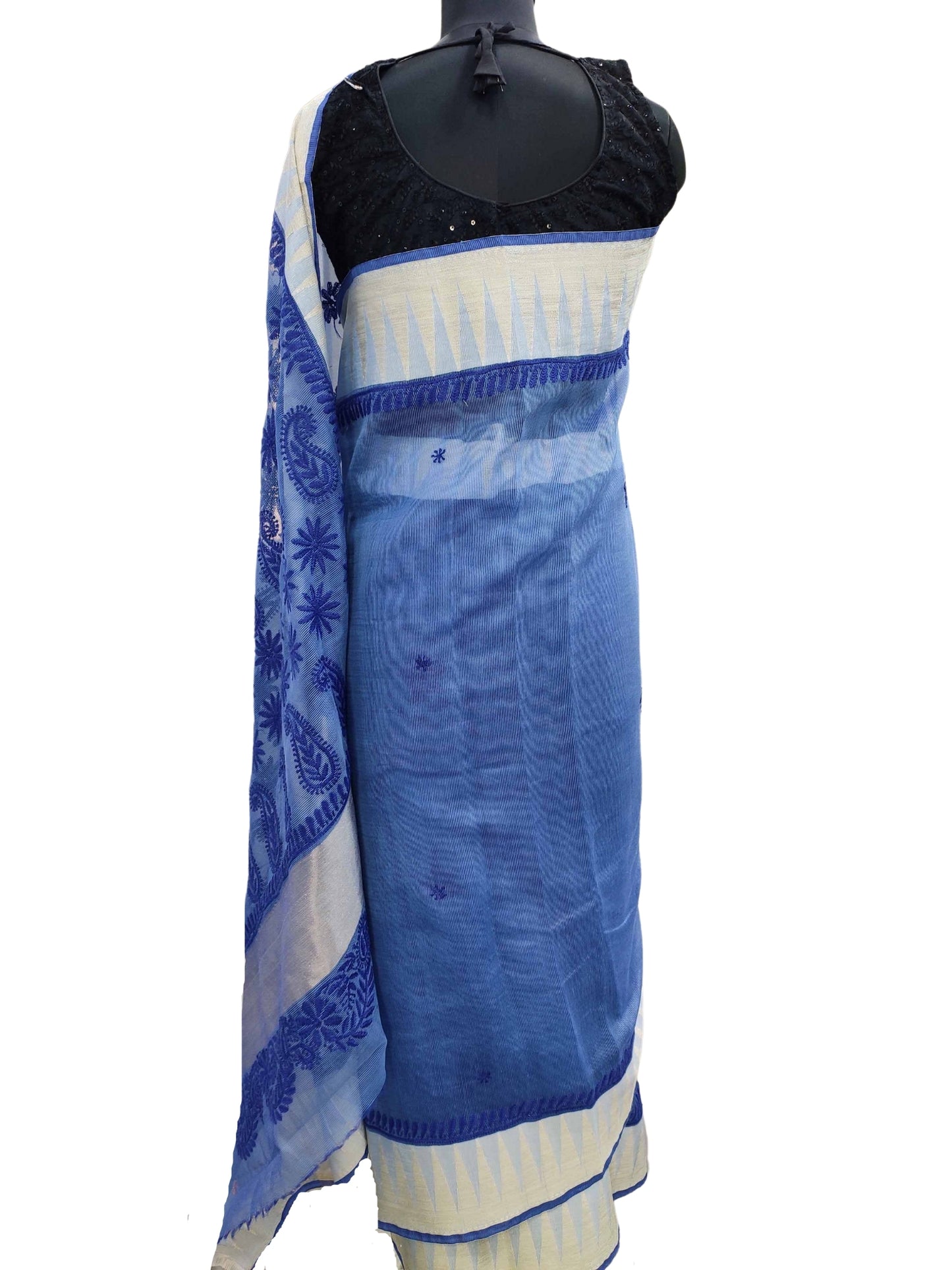 Shyamal Chikan Hand Embroidered Blue Chanderi Lucknowi Chikankari Saree With Blouse Piece - S11397