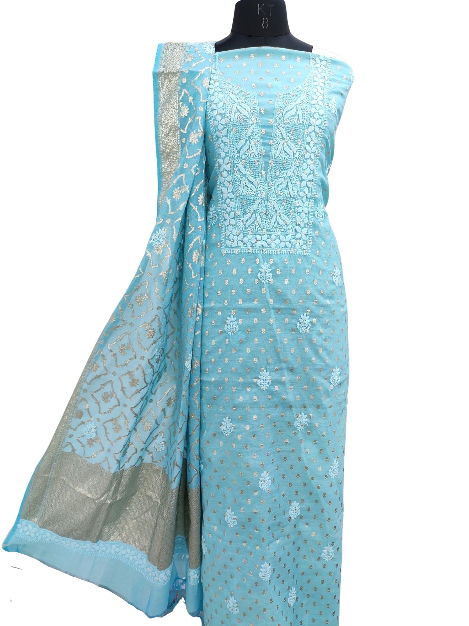  Shyamal Chikan Hand Embroidered Blue Chanderi Lucknowi Chikankari Unstitched Suit Piece ( Set of 2 ) S19934