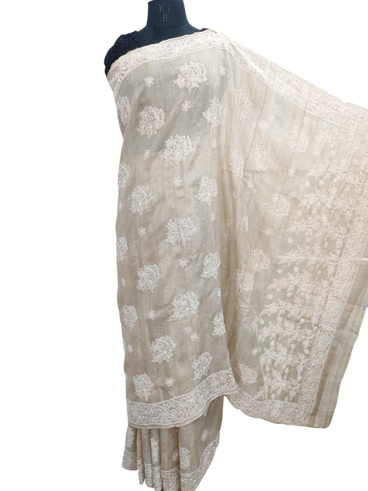 Shyamal Chikan Hand Embroidered Beige Moonga Silk Lucknowi Chikankari Saree With Blouse Piece- S18693