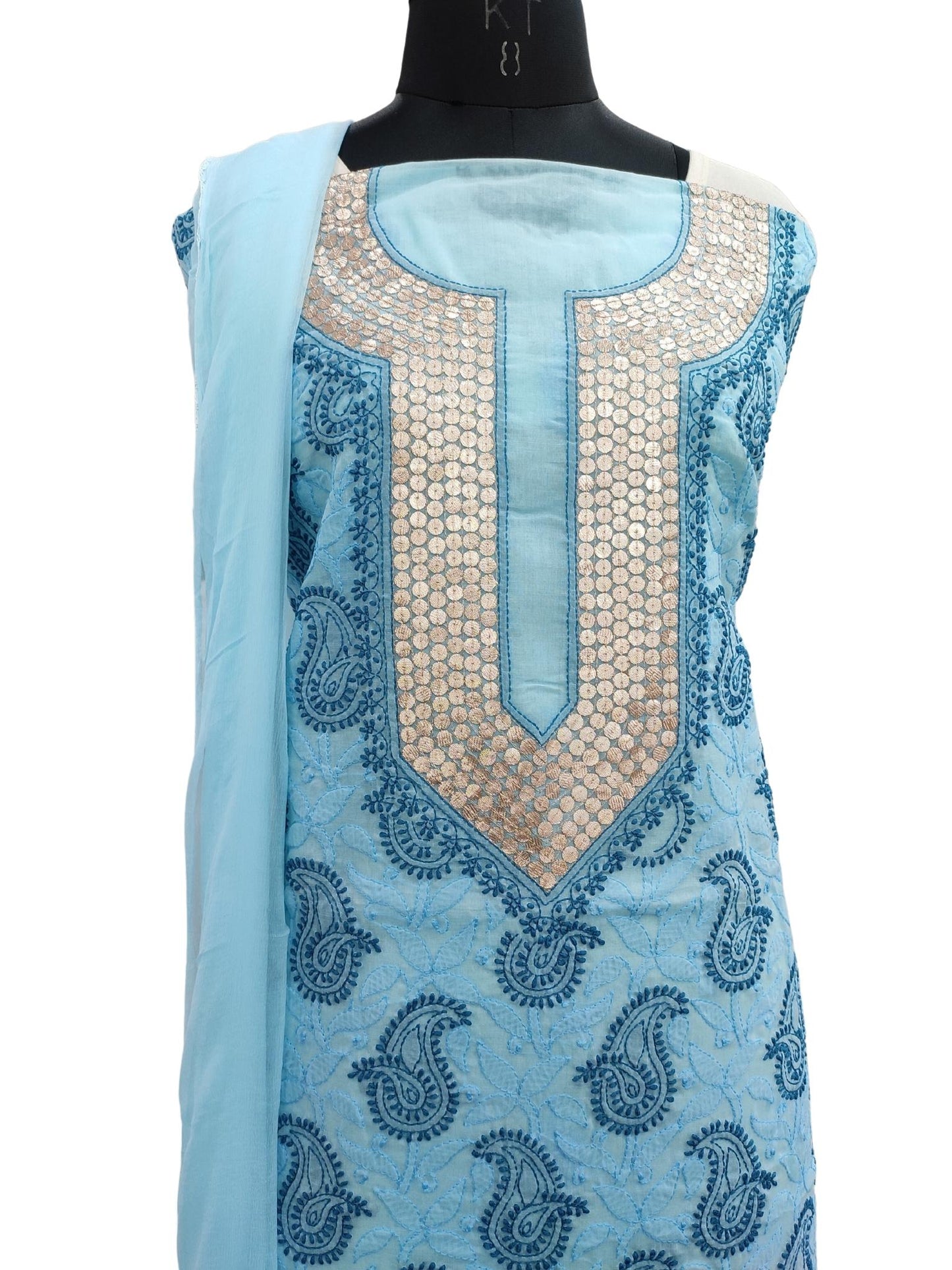 Shyamal Chikan Hand Embroidered Blue Cotton Lucknowi Chikankari Unstitched Suit Piece with Gotapatti work- S18323