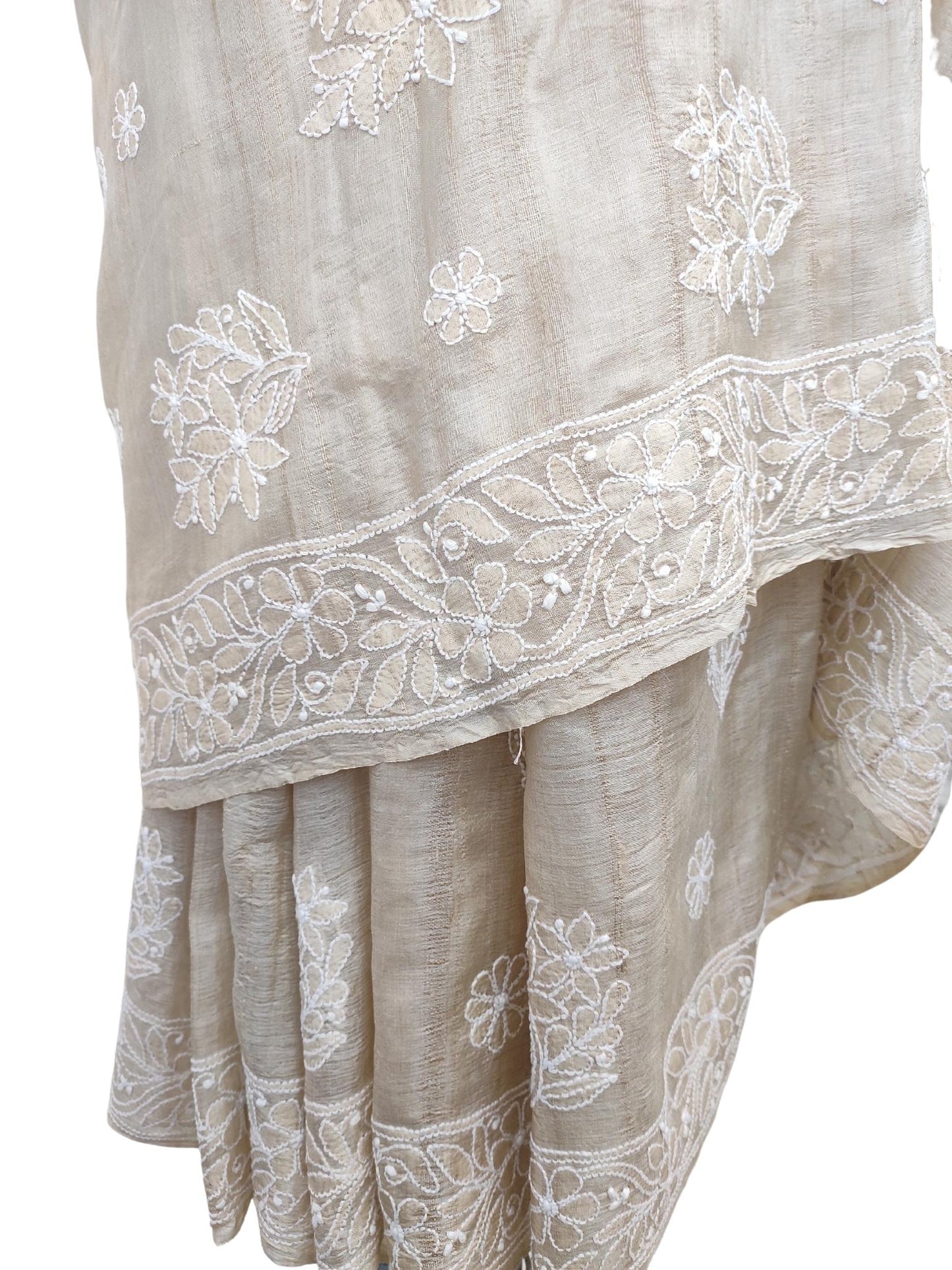 Shyamal Chikan Hand Embroidered Beige Moonga Silk Lucknowi Chikankari Saree With Blouse Piece- S18693