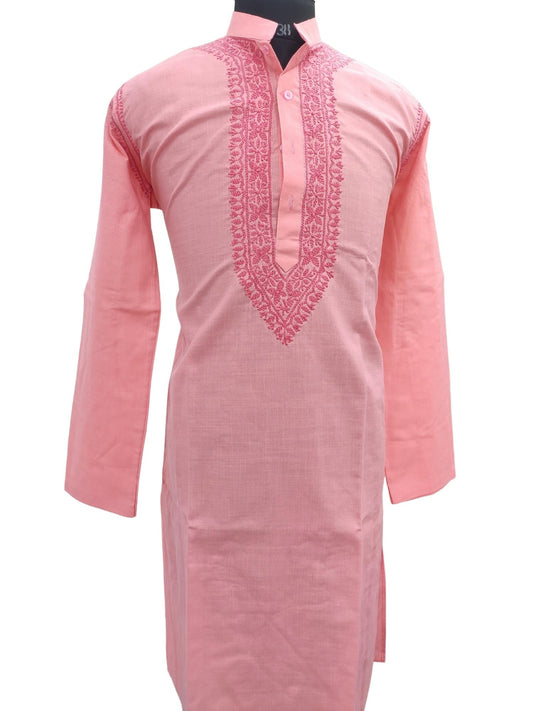 Shyamal Chikan Hand Embroidered Pink Cotton Lucknowi Chikankari Men's Kurta – S12956