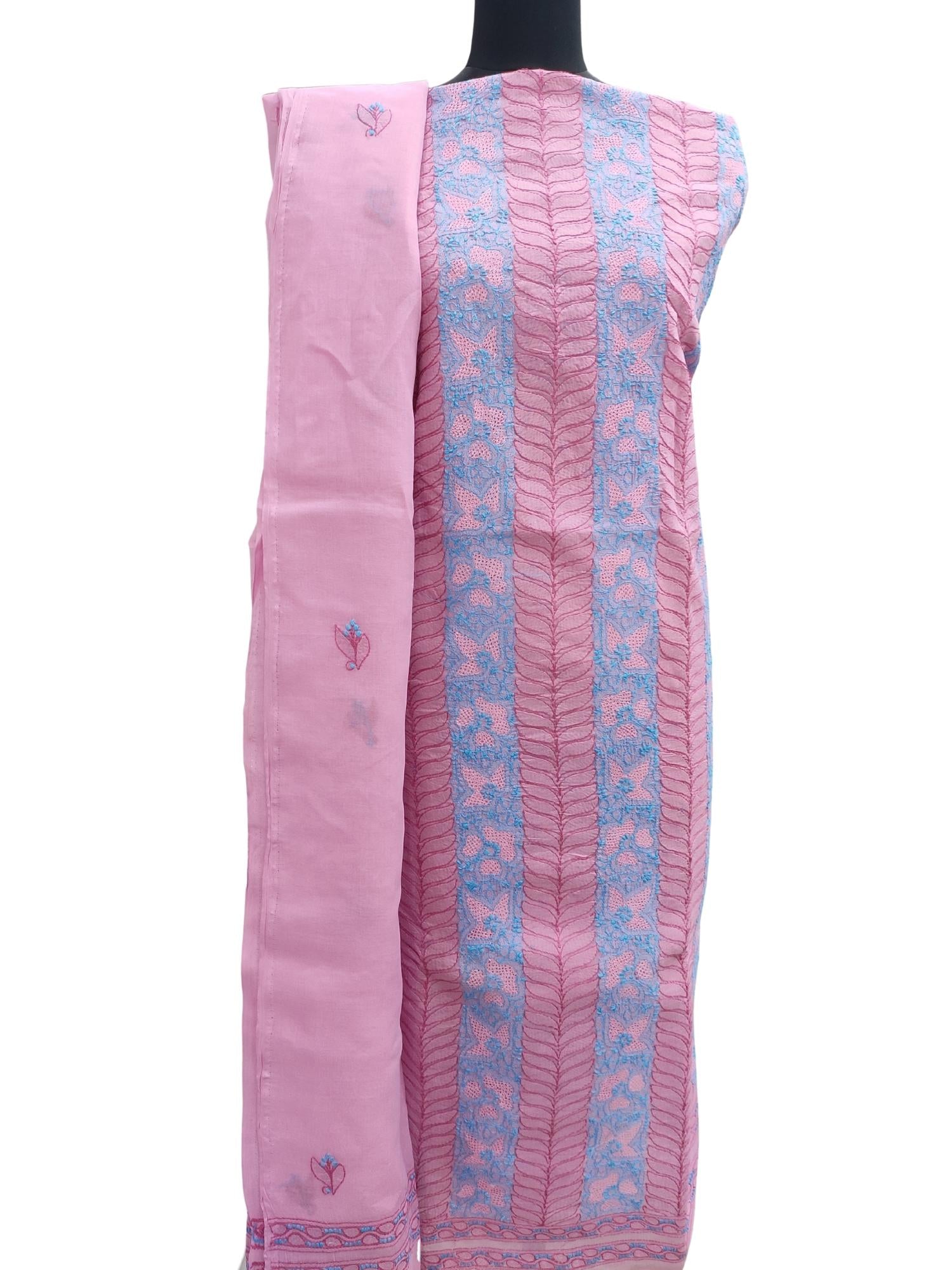 Shyamal Chikan Hand Embroidered Pink Cotton Lucknowi Chikankari Unstitched Suit Piece With Jaali Work - S13263