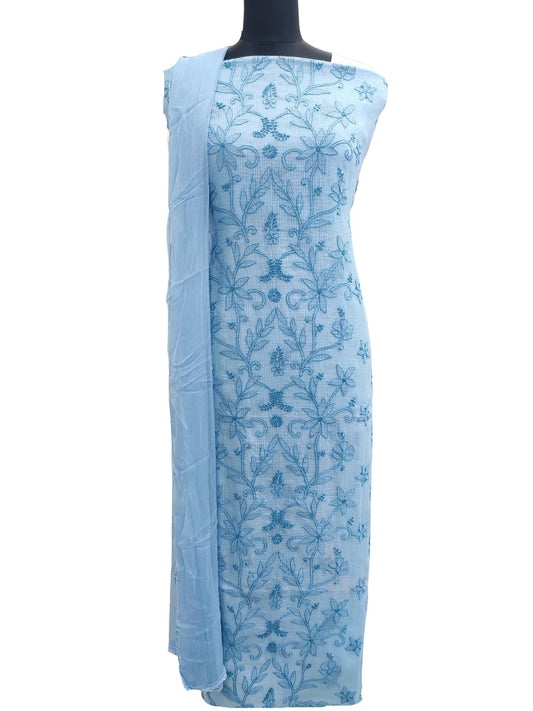 Shyamal Chikan Hand Embroidered Blue Kota Cotton Lucknowi Chikankari Unstitched Suit Piece- S16625