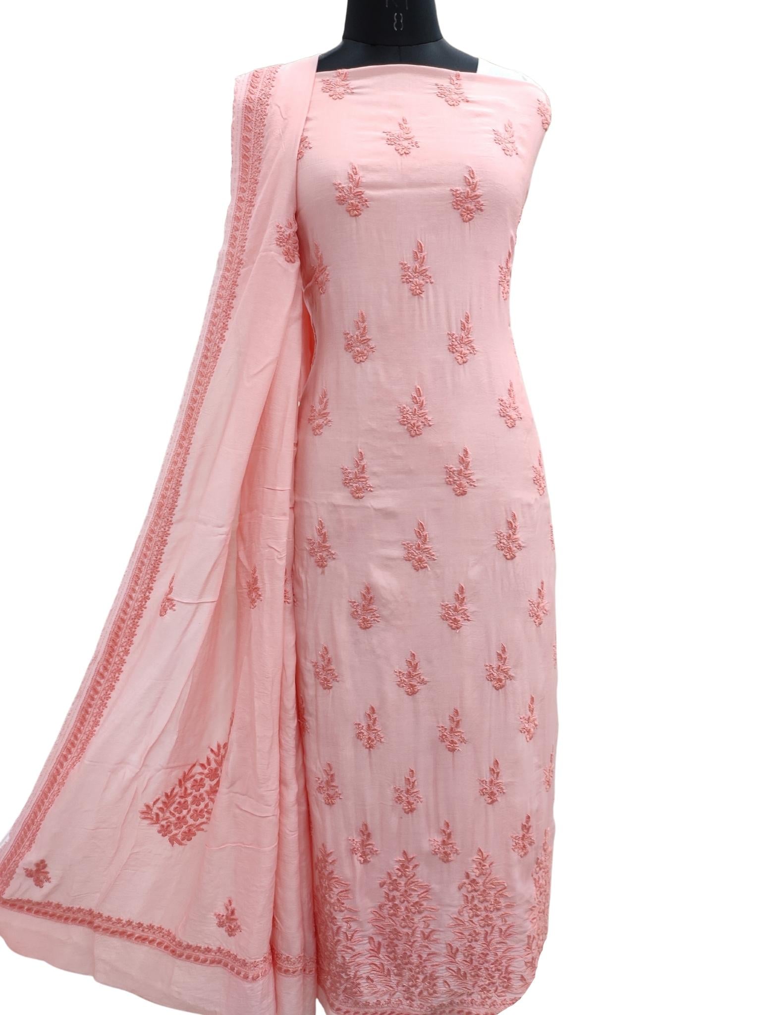 Shyamal Chikan Hand Embroidered Peach Muslin Lucknowi Chikankari Unstitched Suit Piece ( Set of 2 ) - S16994