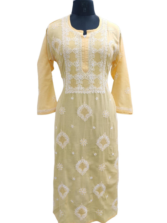 Shyamal Chikan Hand Embroidered Yellow Cotton Lucknowi Chikankari Kurti With Jaali Work - S18103