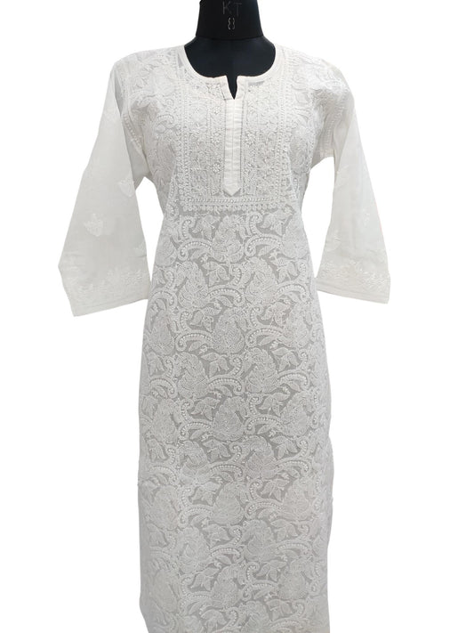 Shyamal Chikan Hand Embroidered White Cotton Lucknowi Chikankari Kurti- S19152