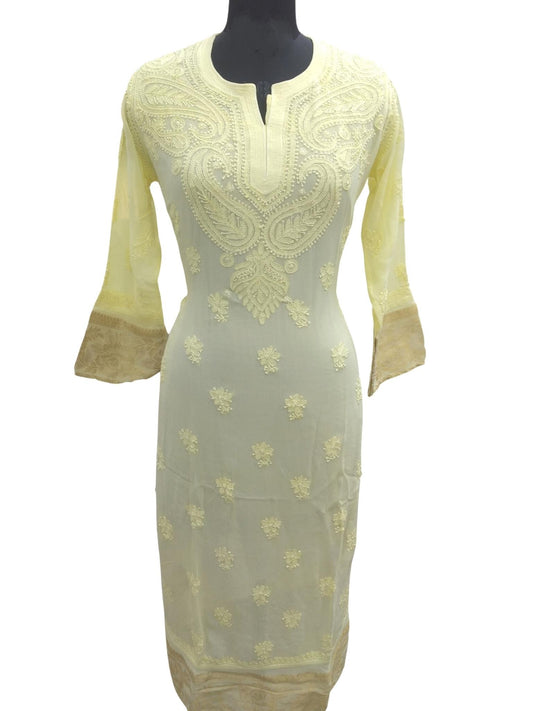 Shyamal Chikan Hand Embroidered Lemon Viscose Georette Lucknowi Chikankari Kurti- S433