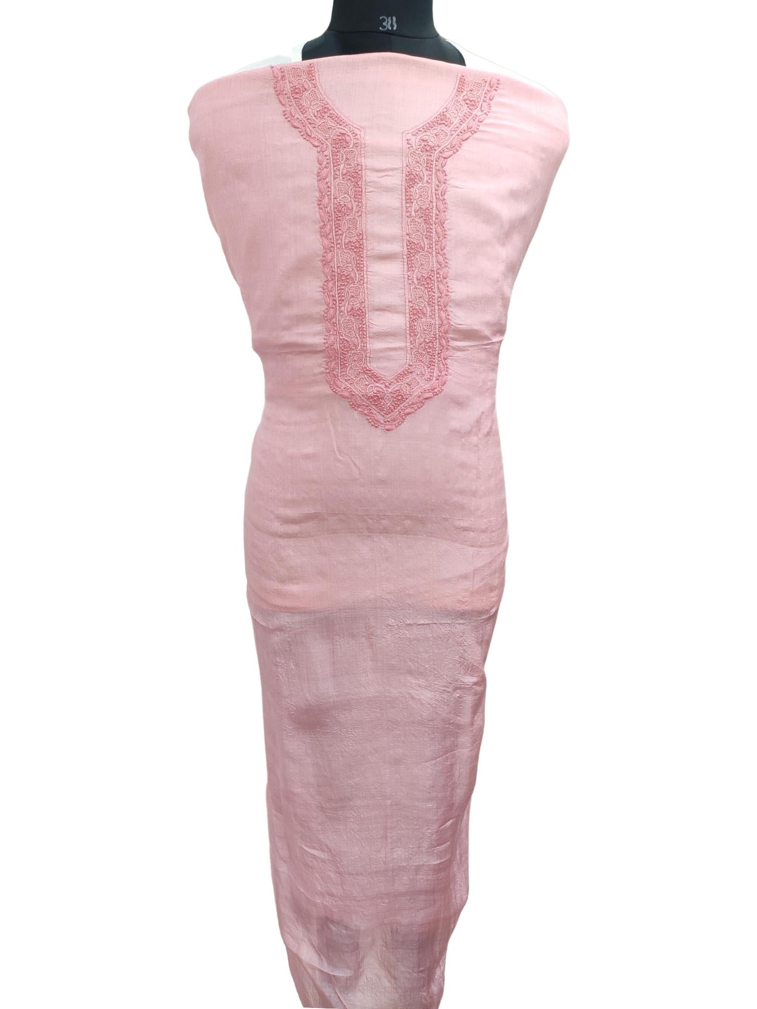 Shyamal Chikan Hand Embroidered Pink Pure Tusser Silk Lucknowi Chikankari Unstitched Men's Kurta Piece – S9604