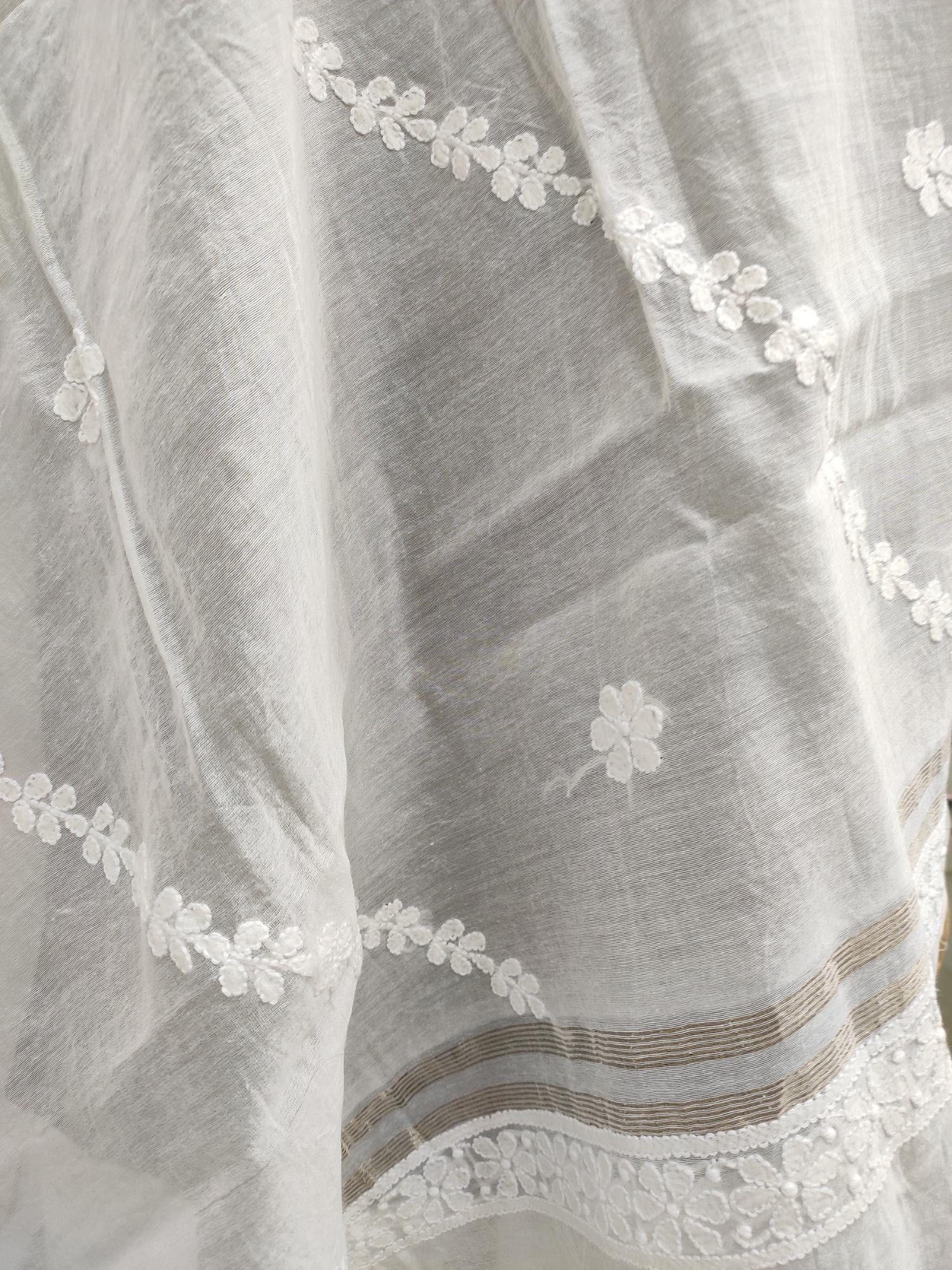 Shyamal Chikan Hand Embroidered White Chanderi Silk Lucknowi Chikankari Dupatta - S12932