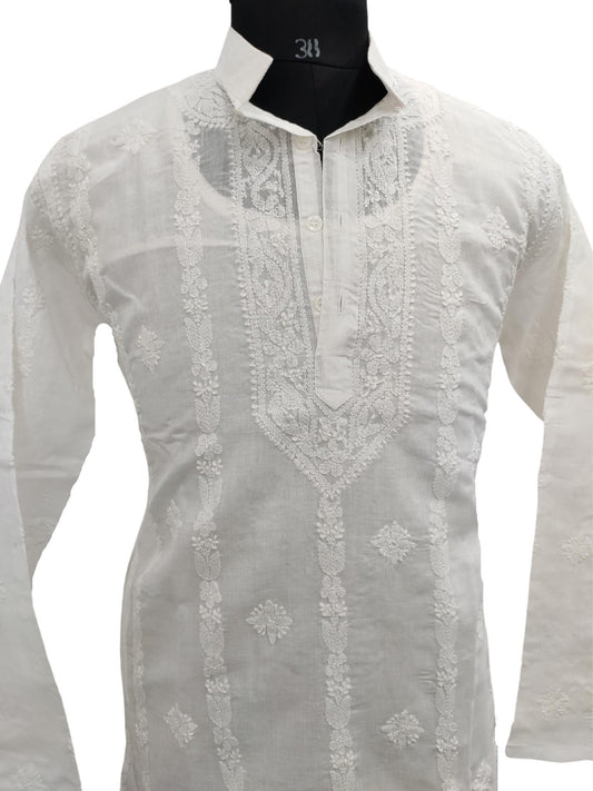 Shyamal Chikan Hand Embroidered White Cotton Lucknowi Chikankari Men's Kurta – S16834