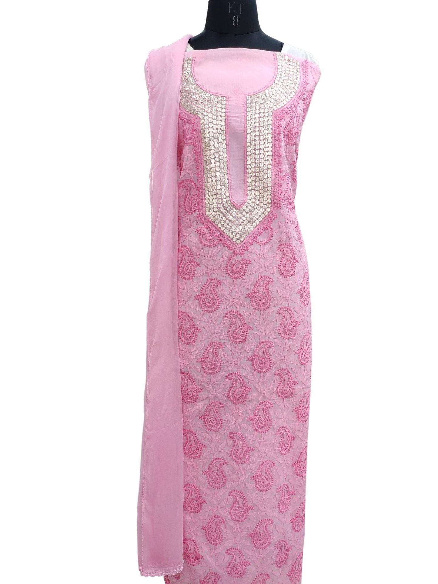 Shyamal Chikan Hand Embroidered Pink Cotton Lucknowi Chikankari Unstitched Suit Piece with Gotapatti work- S18328