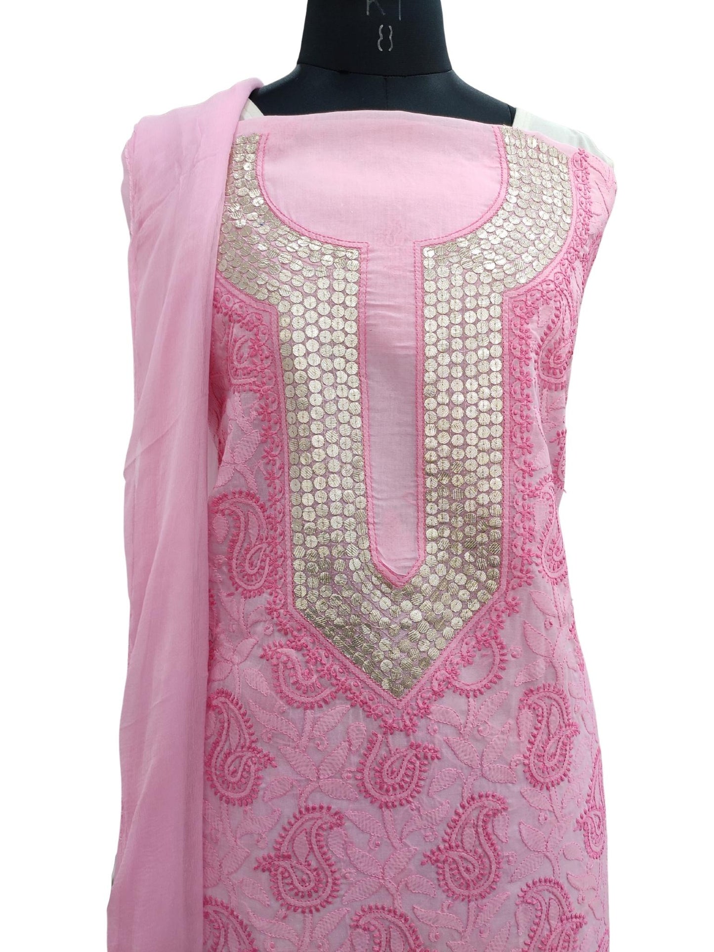 Shyamal Chikan Hand Embroidered Pink Cotton Lucknowi Chikankari Unstitched Suit Piece with Gotapatti work- S18328