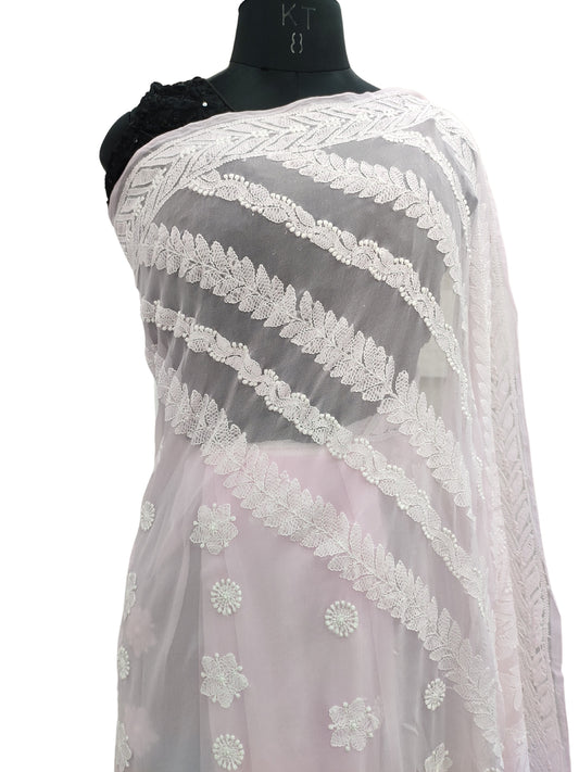 Shyamal Chikan Hand Embroidered Pink Georgette Lucknowi Chikankari Skirt Saree With Blouse Piece - S18308