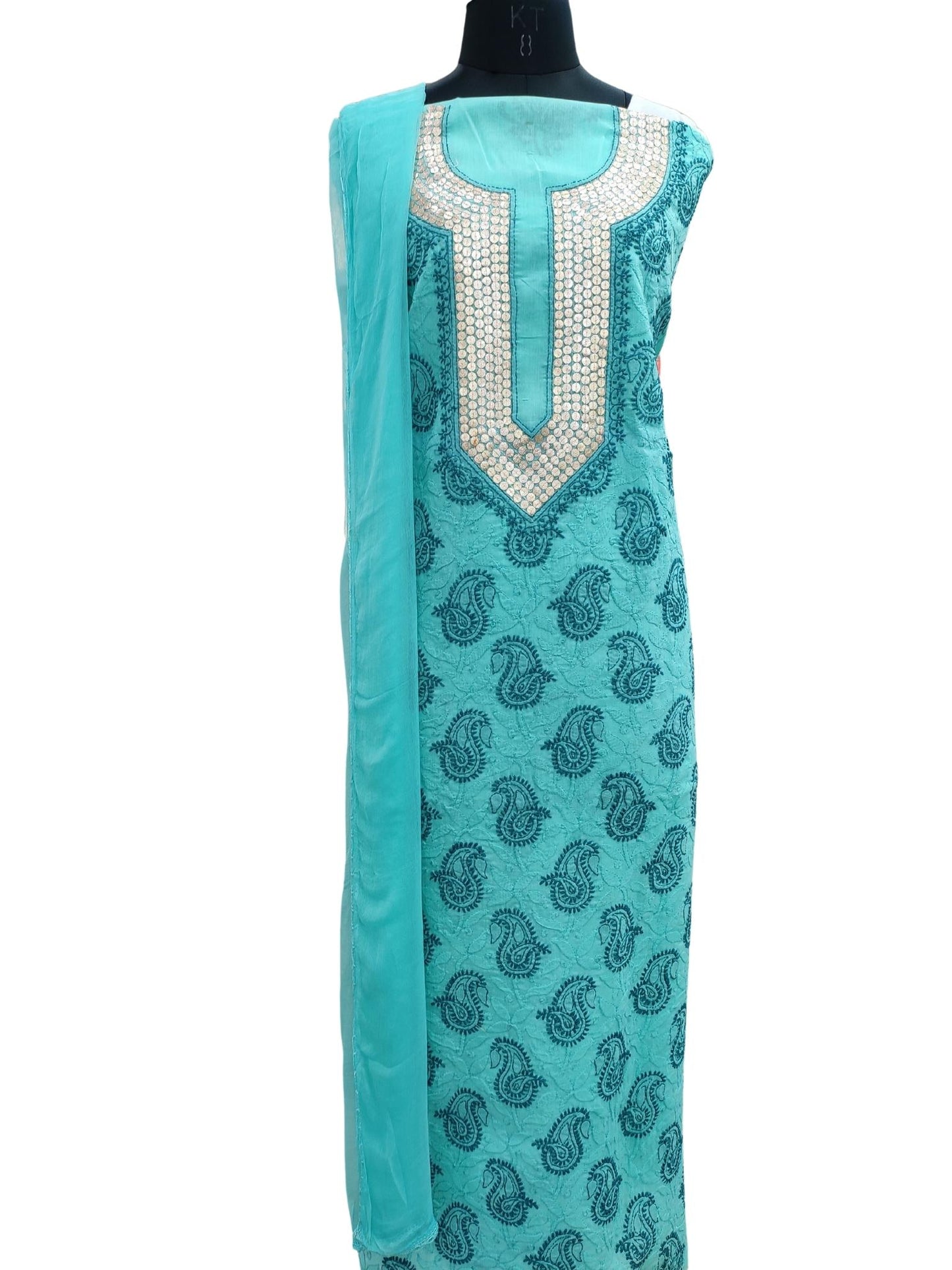 Shyamal Chikan Hand Embroidered Sea Green Cotton Lucknowi Chikankari Unstitched Suit Piece with Gotapatti work- S18329