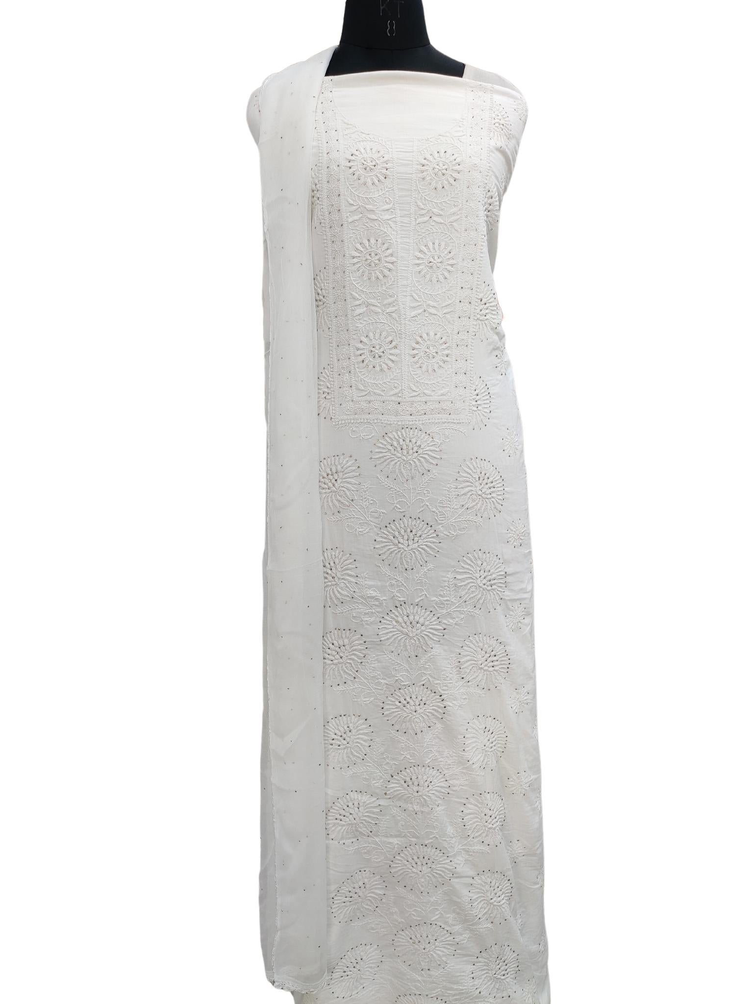 Shyamal Chikan Hand Embroidered White Malmal Lucknowi Chikankari Unstitched Suit Piece With Mukaish Work- S19931
