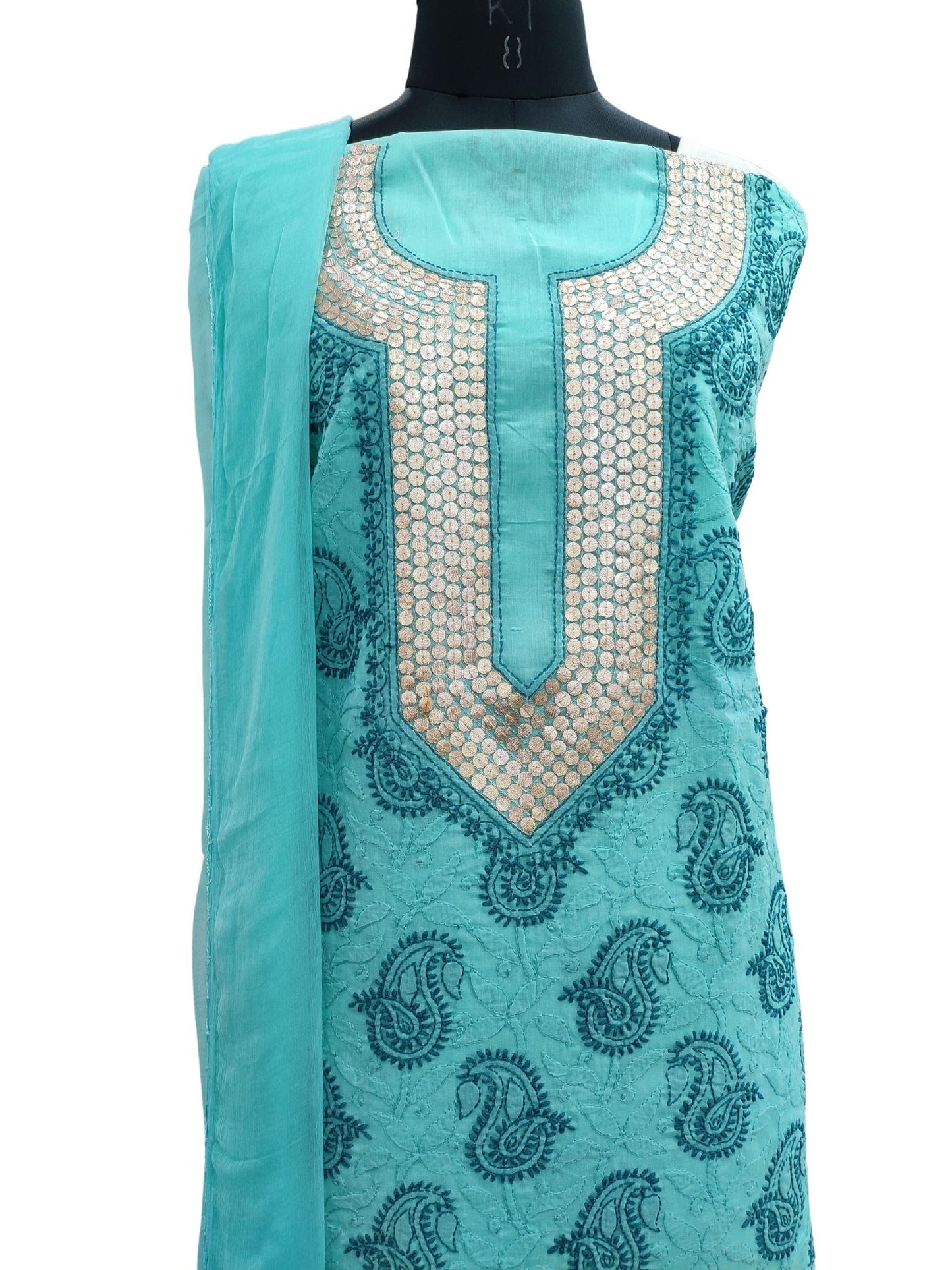Shyamal Chikan Hand Embroidered Green Cotton Lucknowi Chikankari Unstitched Suit Piece with Gotapatti work- S18329