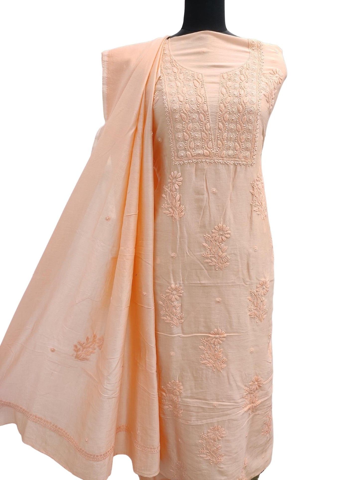 Shyamal Chikan Hand Embroidered Peach Pure Chanderi Silk Lucknowi Chikankari Unstitched Suit Piece ( Set of 2 ) - S13558