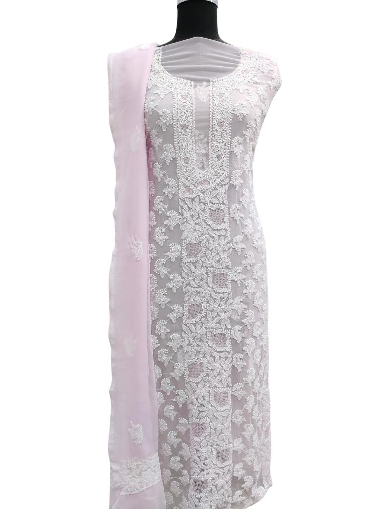 Shyamal Chikan Hand Embroidered Pink Georgette Lucknowi Chikankari Unstitched Suit Piece With Jaali Work - S15175