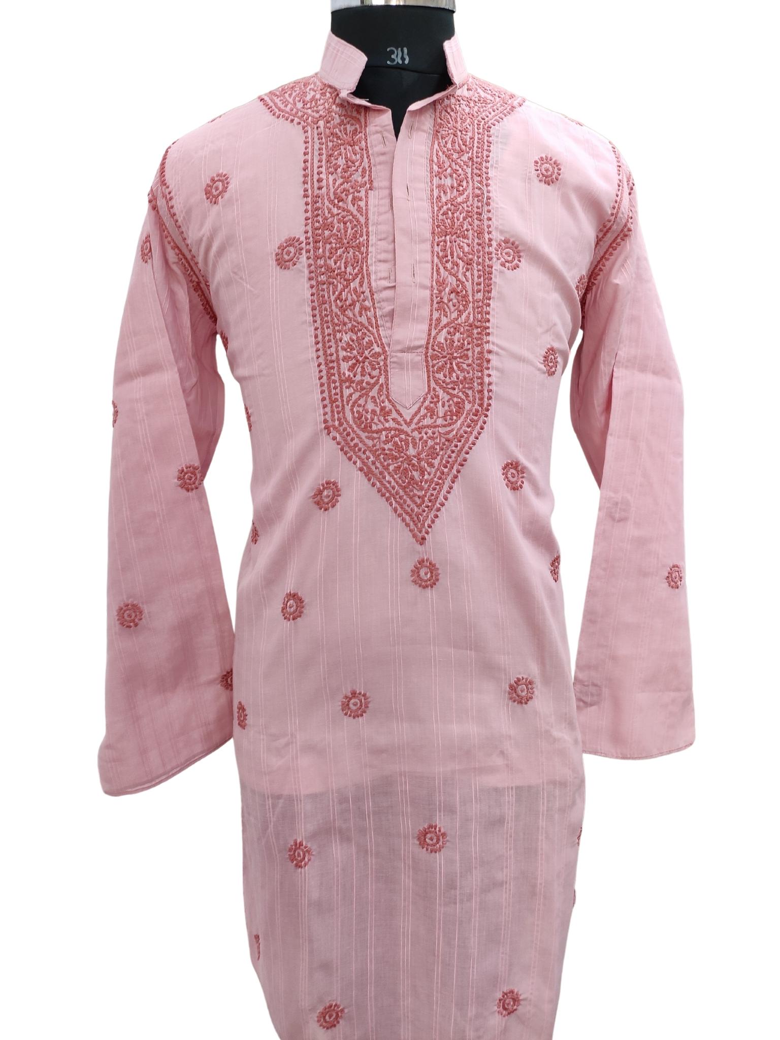 Shyamal Chikan Hand Embroidered Pink Cotton Lucknowi Chikankari Men's Kurta – S17245