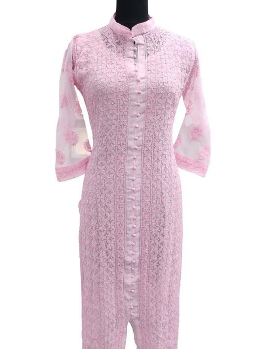 Shyamal Chikan Hand Embroidered Pink Georgette Lucknowi Chikankari Kurti- S1804