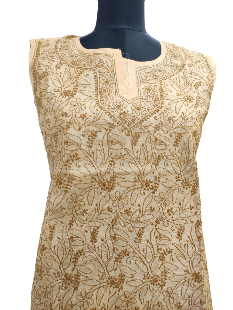 Shyamal Chikan Hand Embroidered Beige Pure Tusser Silk Lucknowi Chikankari Sleeveless Short Top- S14900