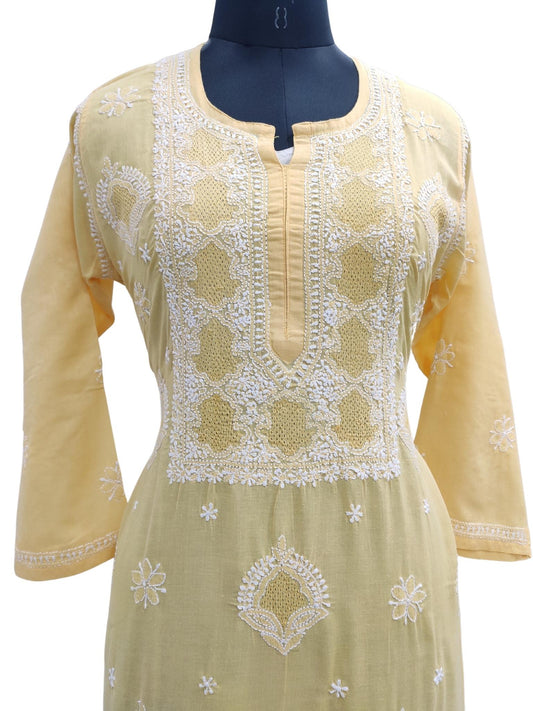 Shyamal Chikan Hand Embroidered Yellow Cotton Lucknowi Chikankari Kurti With Jaali Work S18103