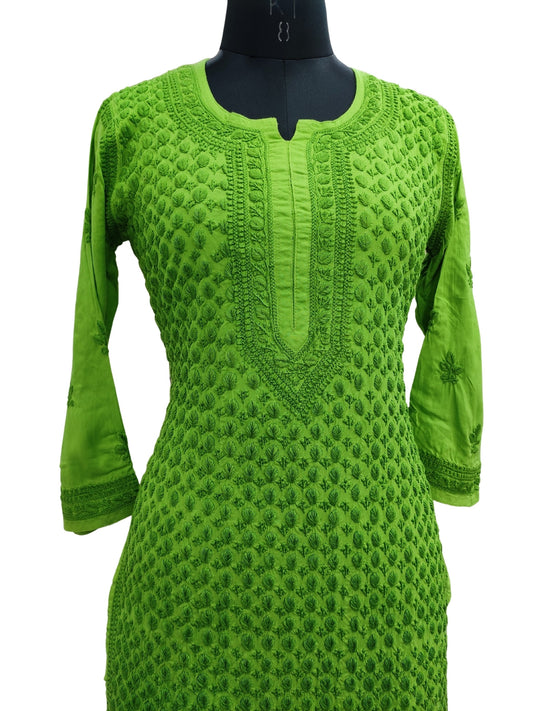 Shyamal Chikan Hand Embroidered Green Rayon Cotton Lucknowi Chikankari Kurti- S19106